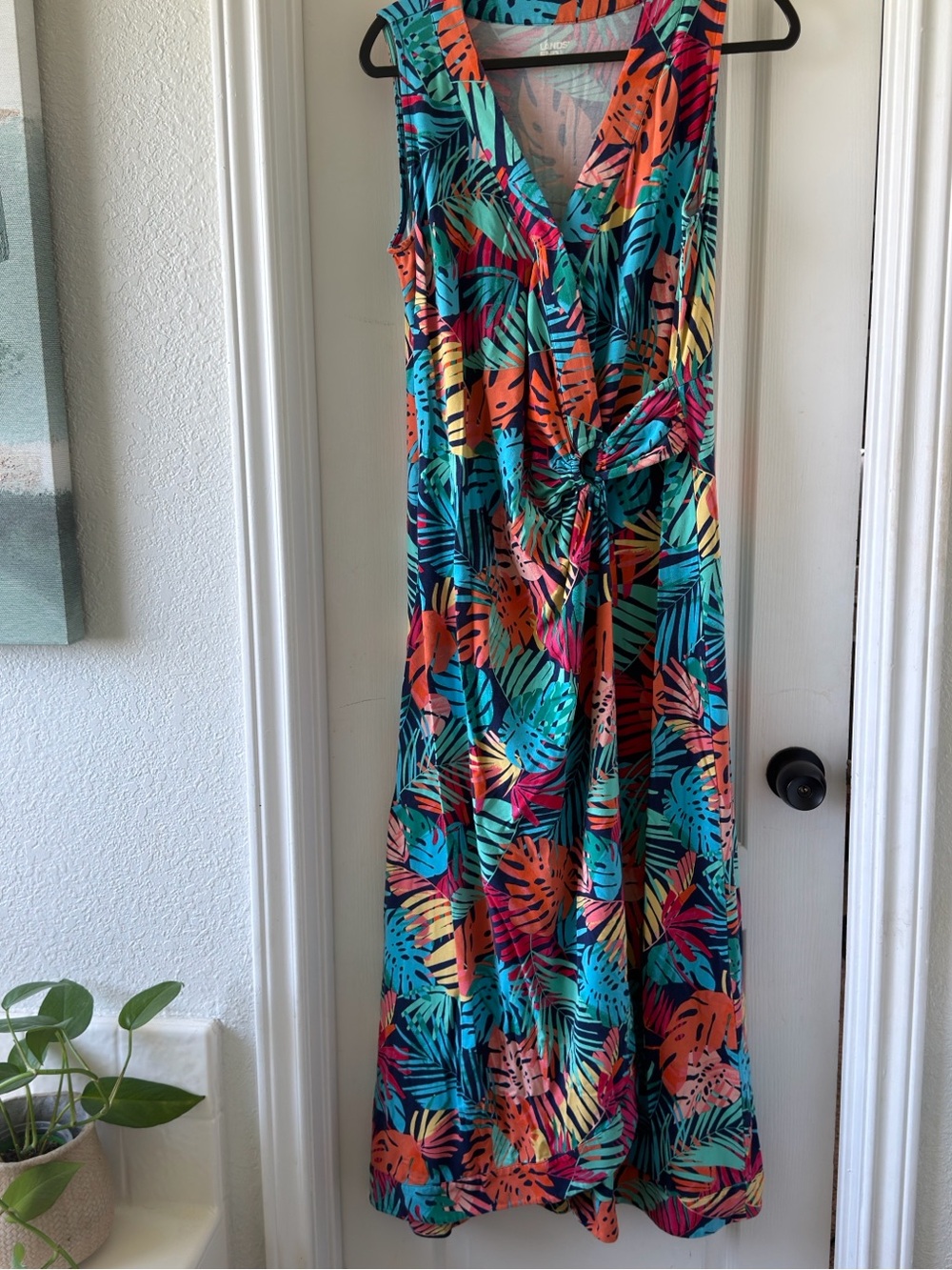 Lands' End Sleeveless Tropical Leaf Maxi Dress in Teal, Orange & Pink